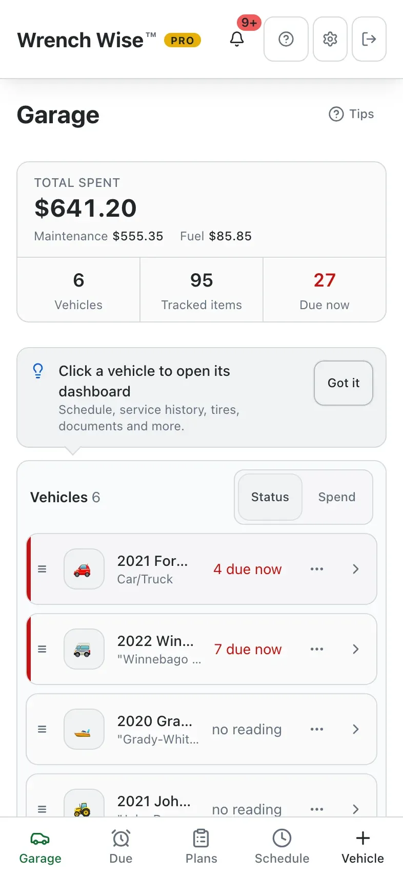 Wrench Wise™ app: Your whole garage on one screen, with what each vehicle needs.