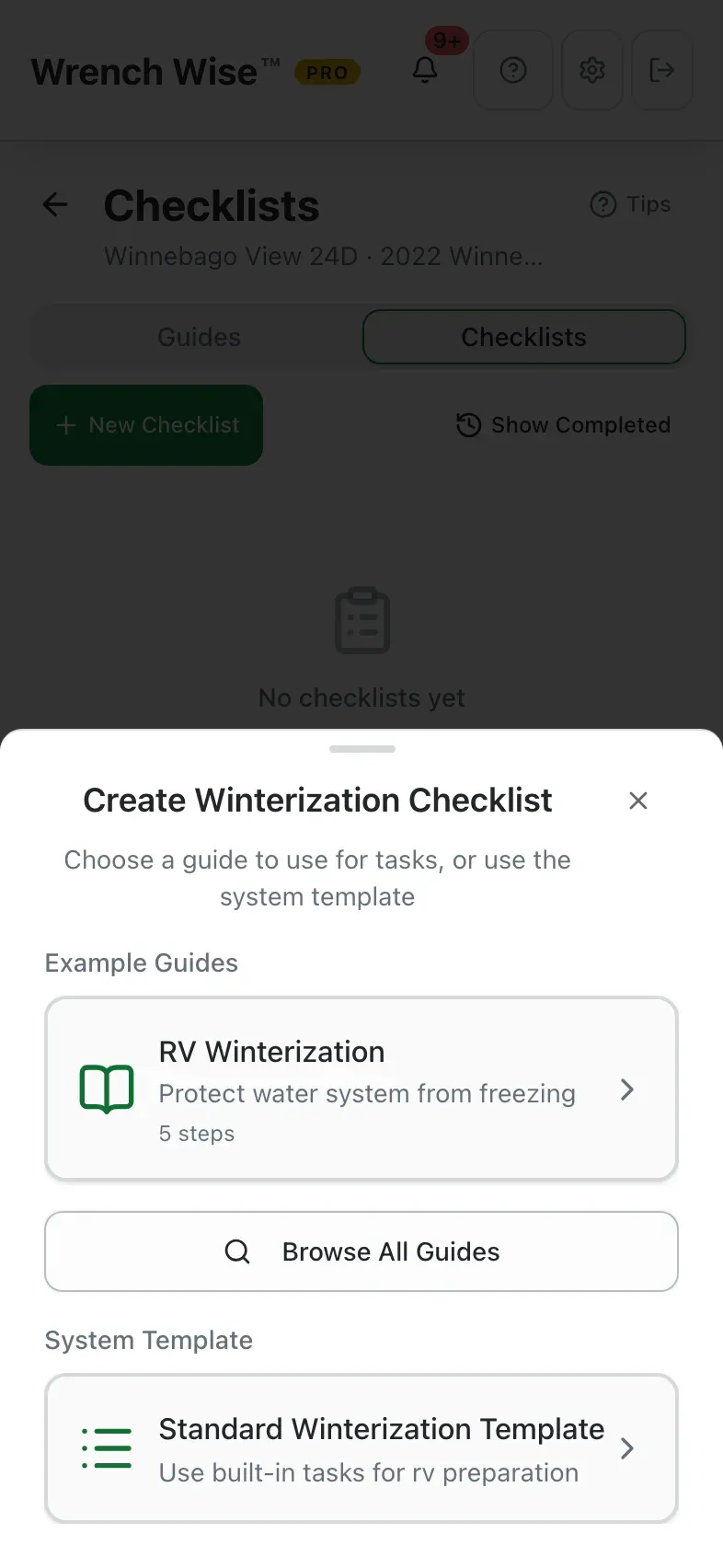 Wrench Wise™ app: Use the built-in template for an RV.