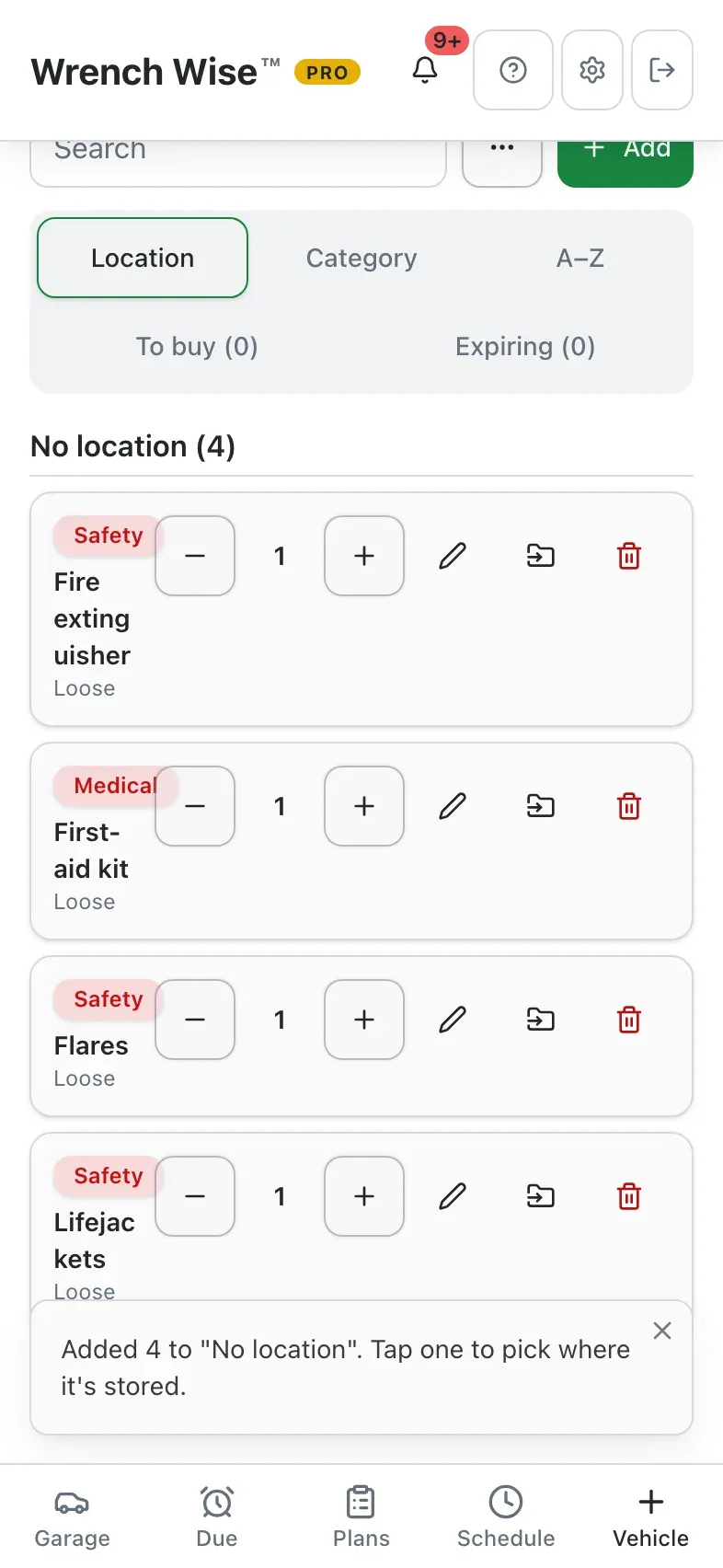 Wrench Wise™ app: Everything aboard by location, with To buy and Expiring lists.