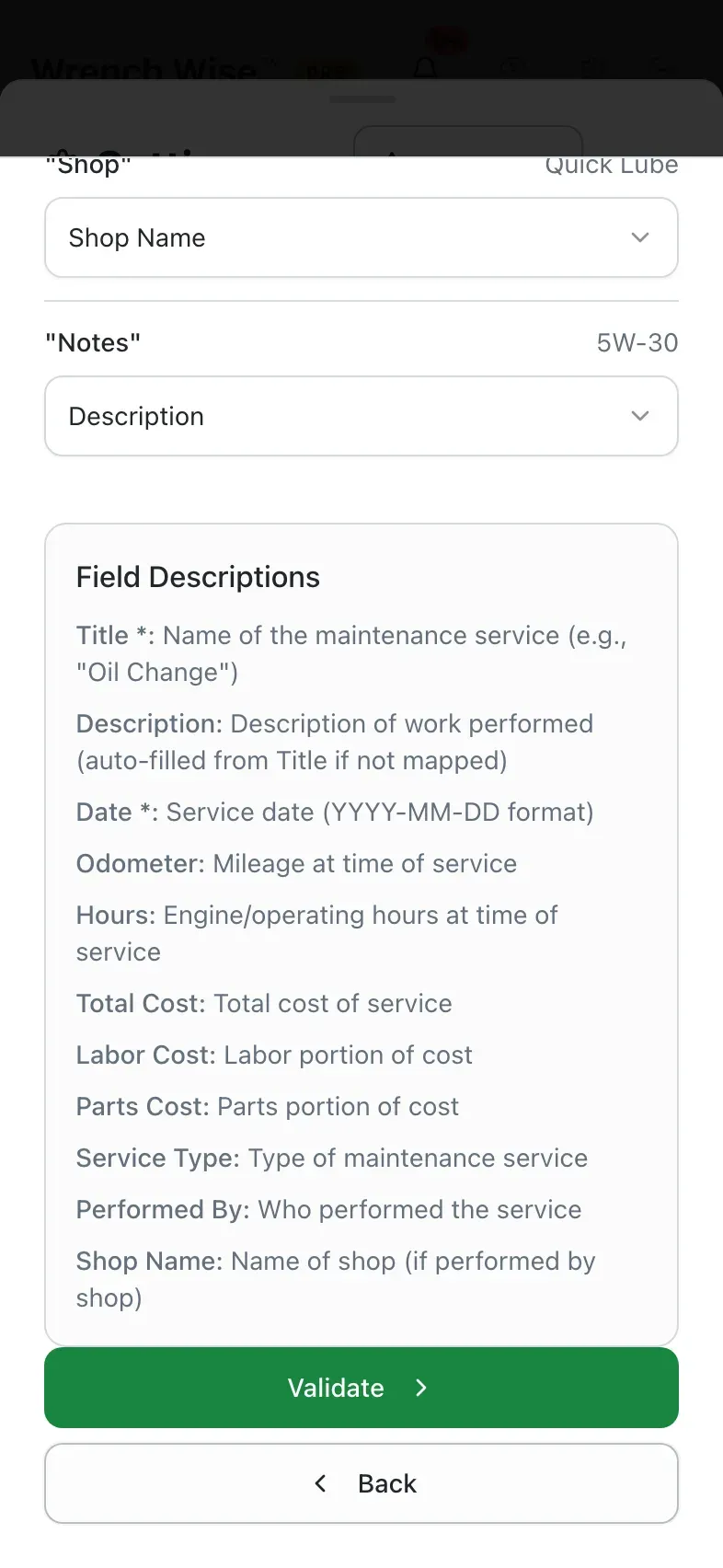 Wrench Wise™ app: Check the matches, then validate: every row is previewed before it’s saved.