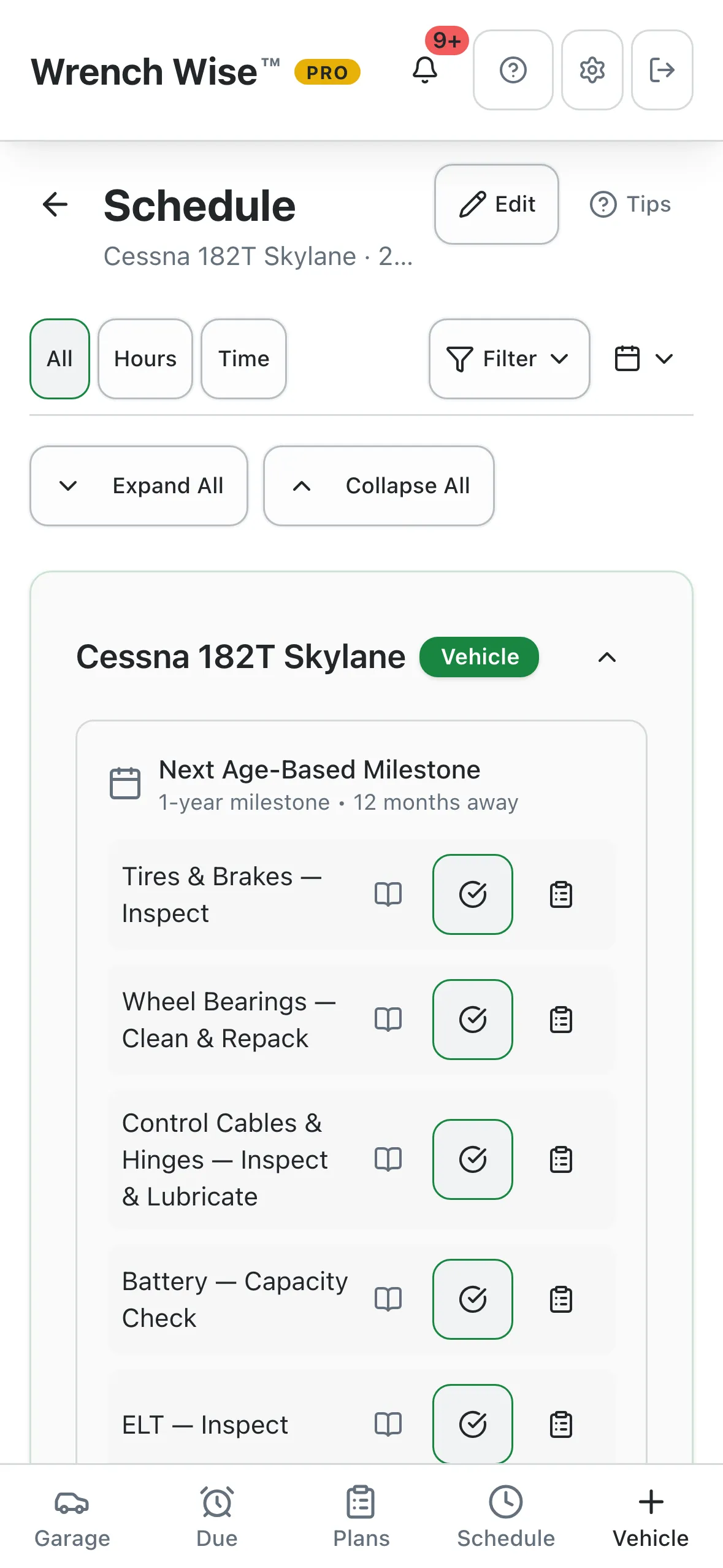 Wrench Wise™ app screenshot: Airframe, engine and prop items