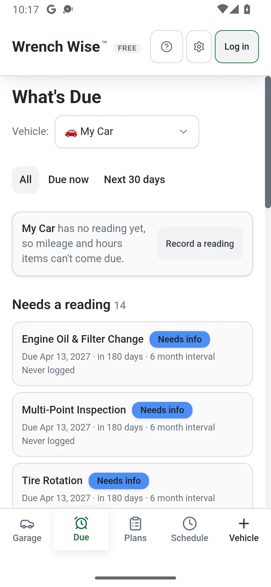 Wrench Wise™ app screenshot: Android: What’s Due