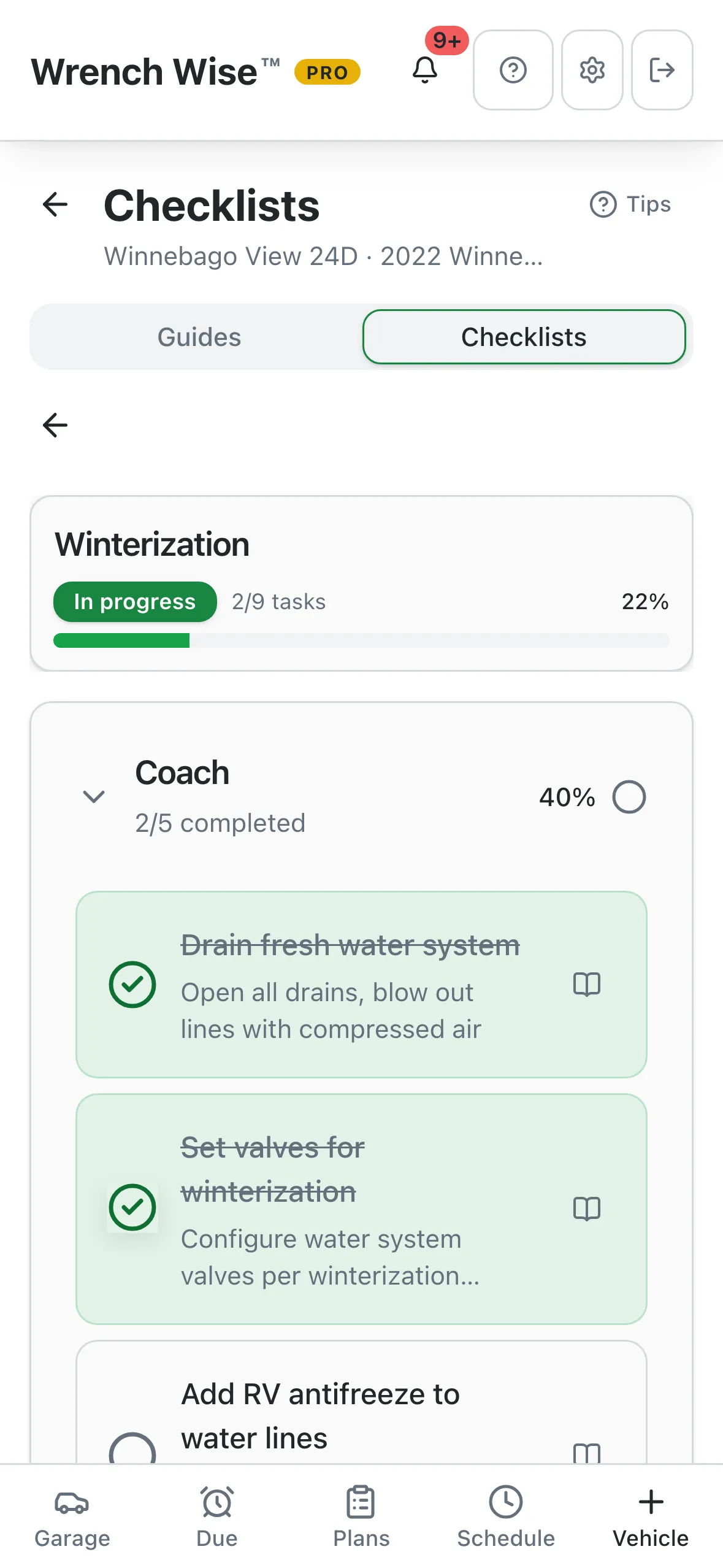 A winterization checklist in progress, grouped by coach