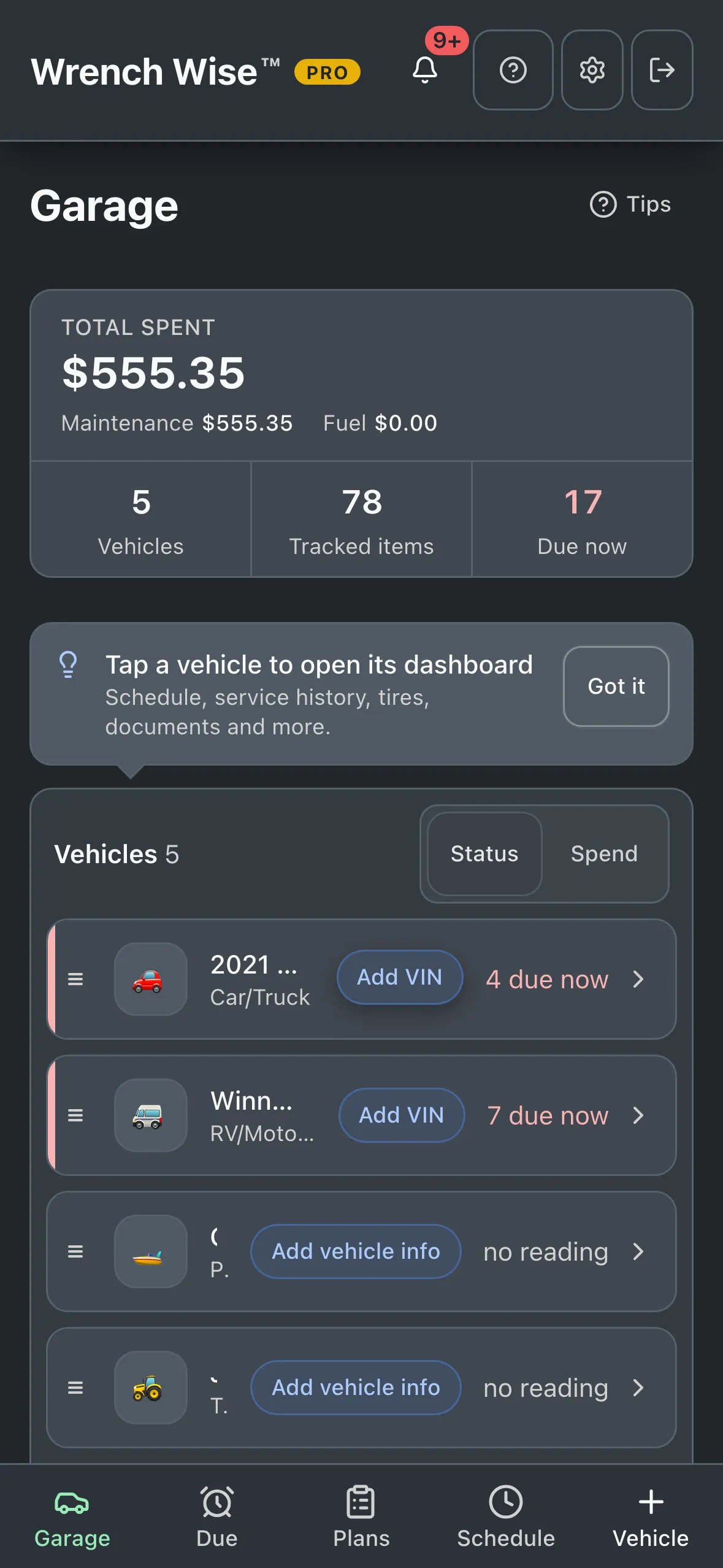 Wrench Wise™ app screenshot: Garage in dark mode