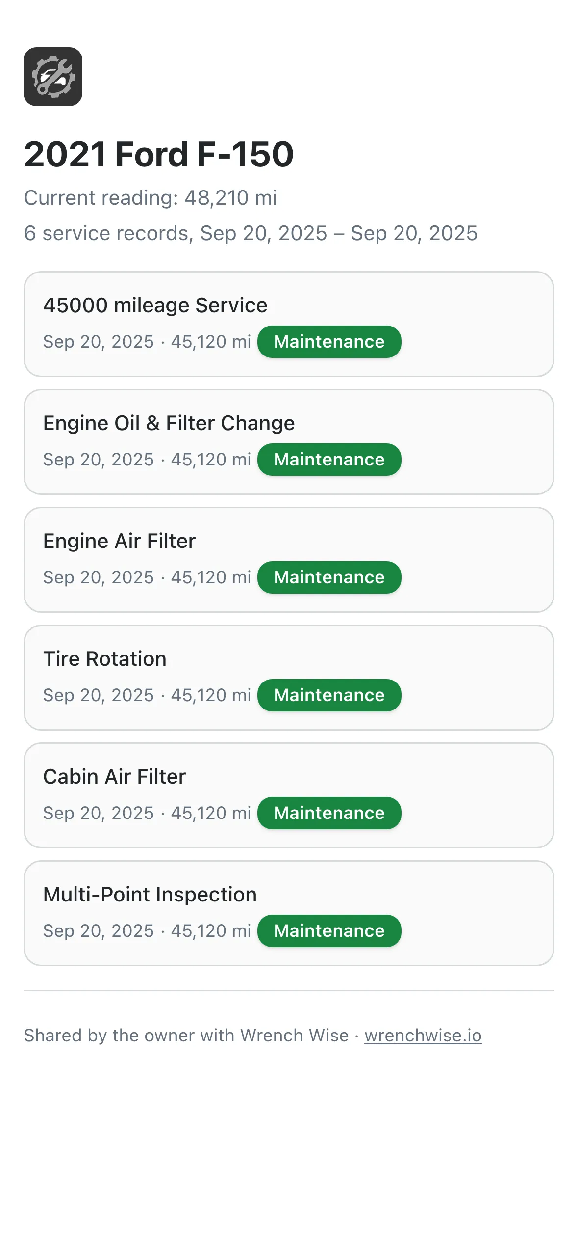 The read-only service history page a buyer sees, without an account