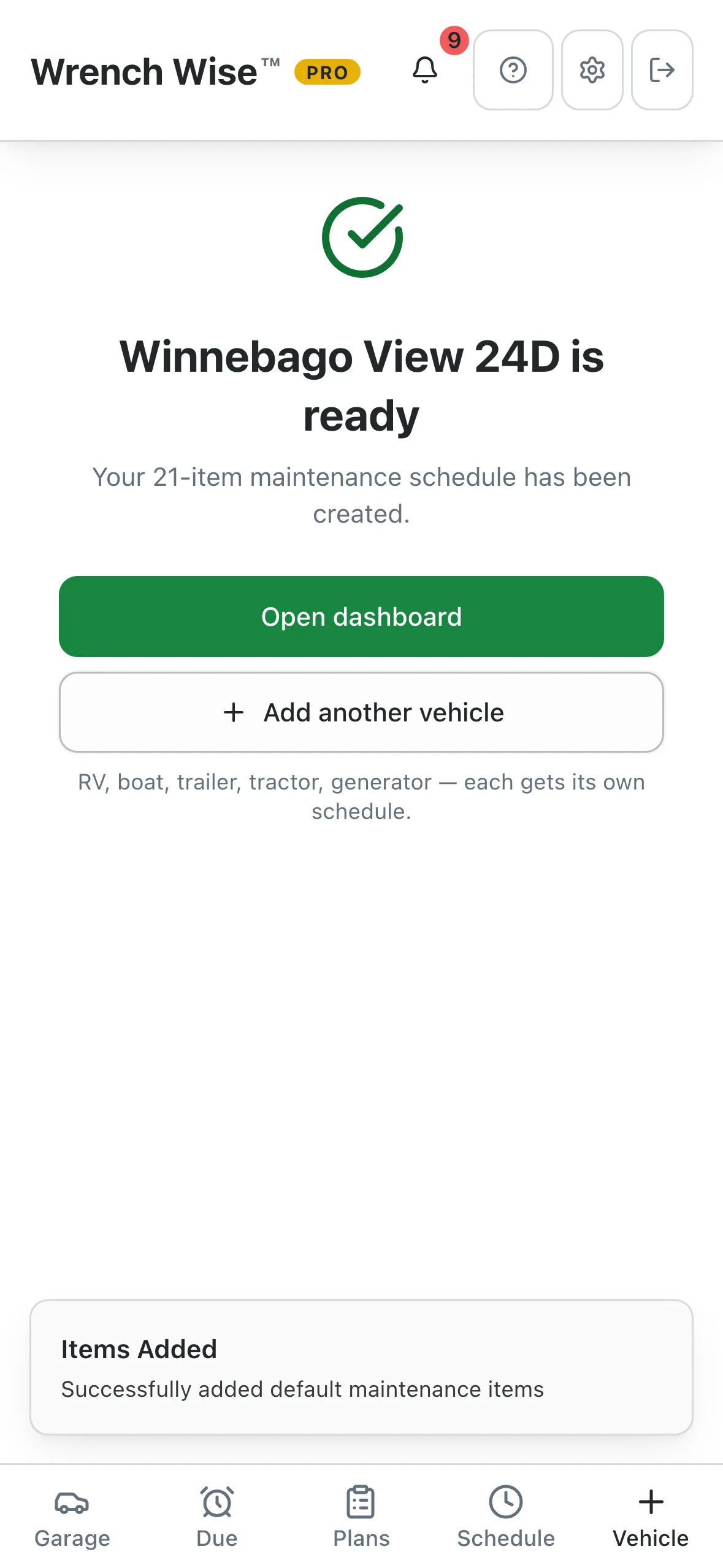 Wrench Wise™ app screenshot: A new RV, ready in seconds