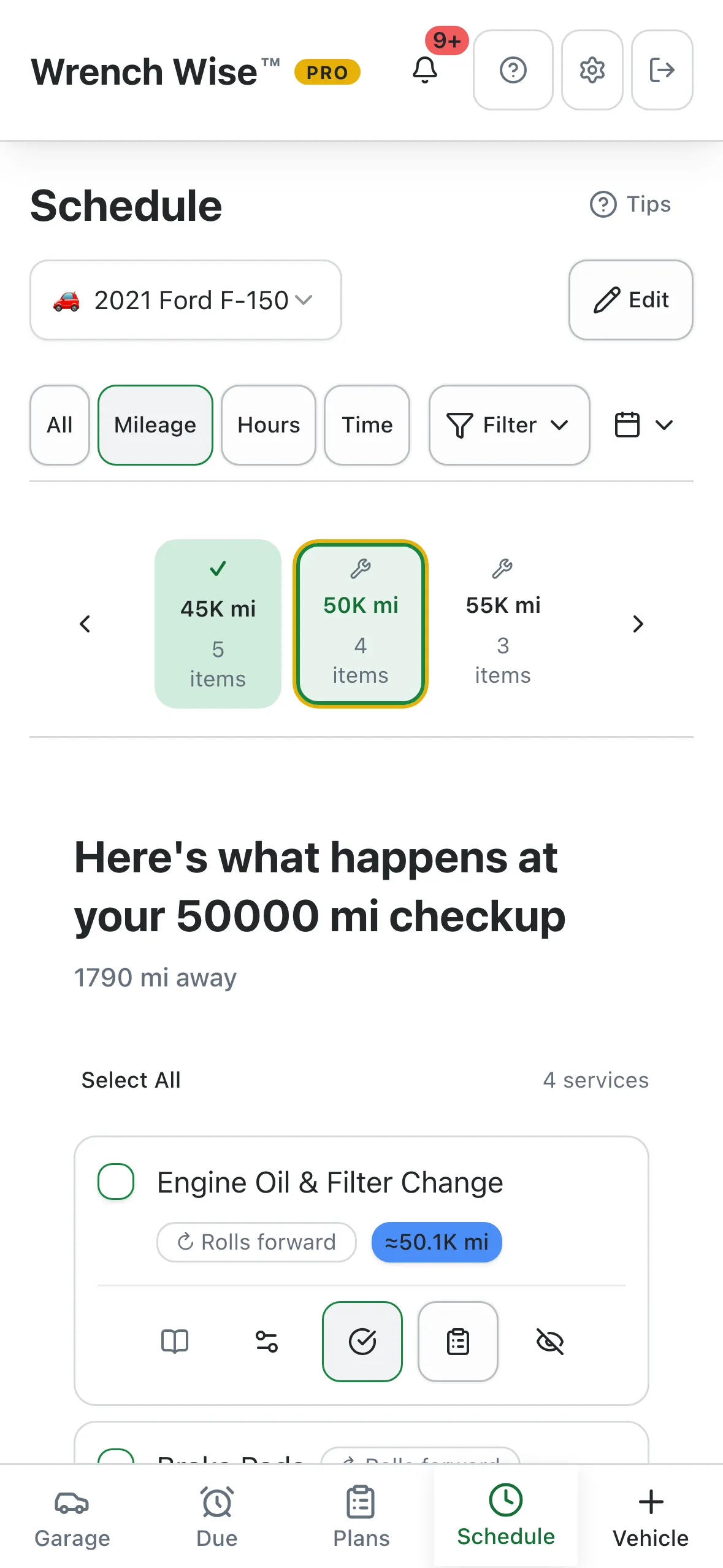 Wrench Wise™ schedule screen: milestone checkups by mileage, with the 45,000 mile checkup completed
