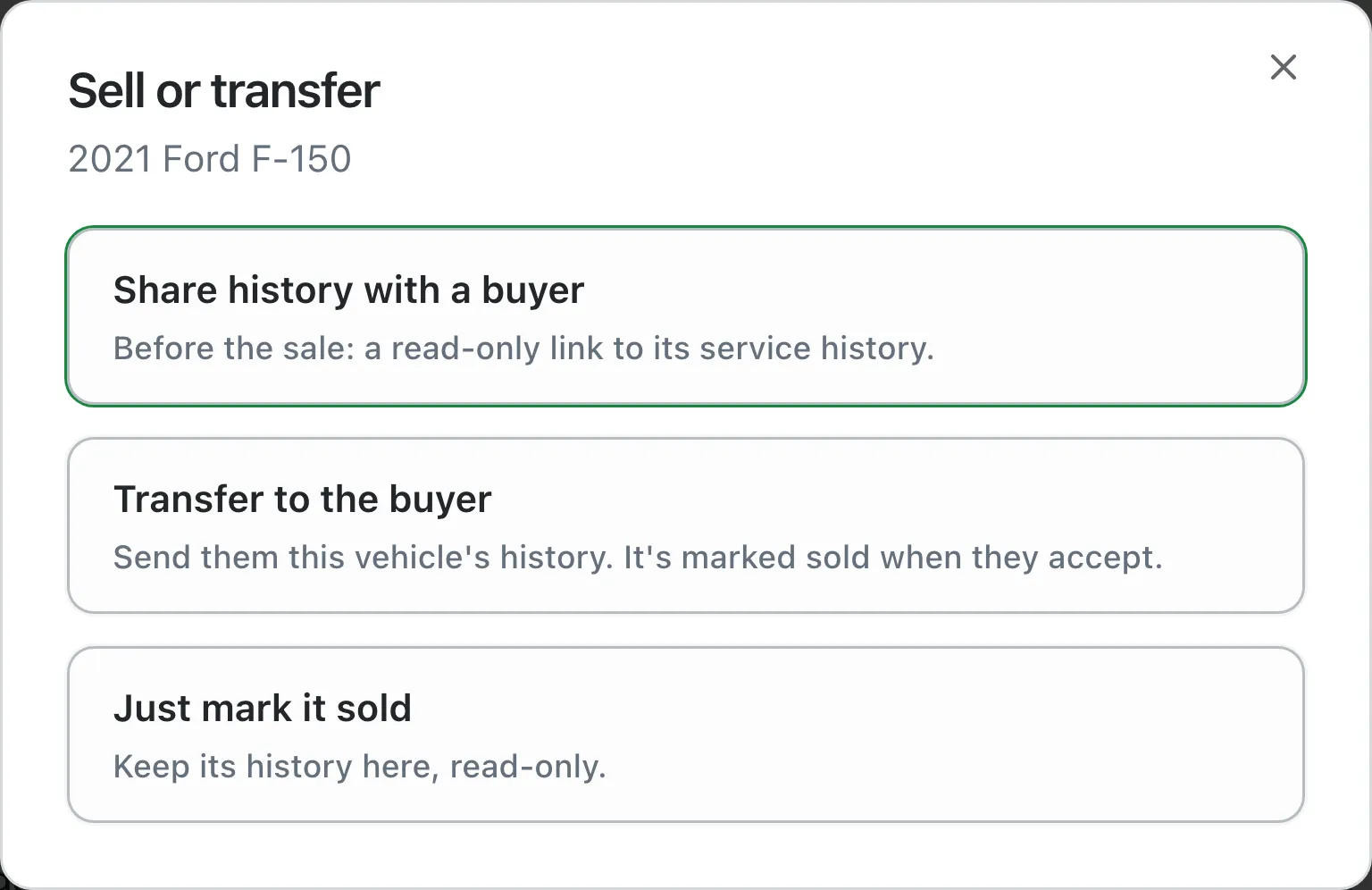 Sell or transfer: share history with a buyer, transfer to the buyer, or just mark it sold