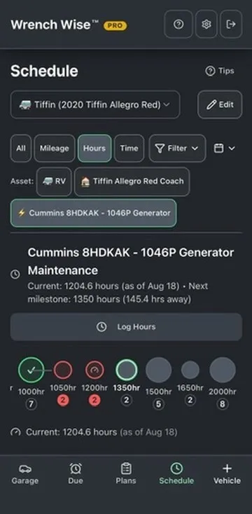 The hours-based Schedule screen in Wrench Wise™ for our Tiffin’s Cummins Onan 8HDKAK generator, at 1,204.6 hours with the next milestone at 1,350 hours